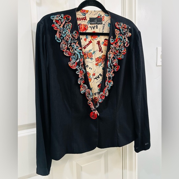 Vintage Carole Little Black Moulin Rouge Blazer Vibrant Embroidery Rose Button M - Picture 2 of 11